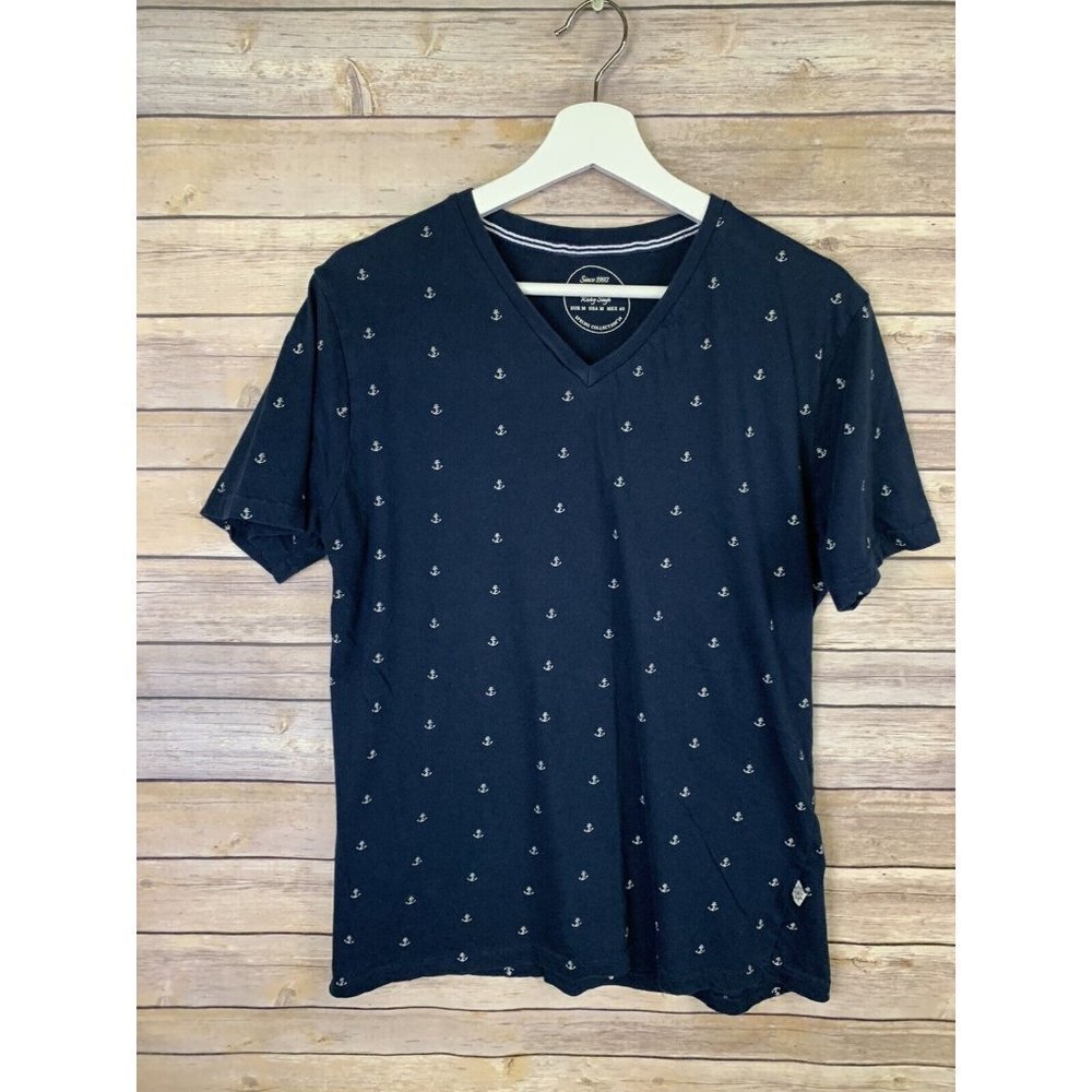 Cactus Man Ricky Singh Mens M V Neck Shirt Anchor Print Navy Blue Short Sleeve